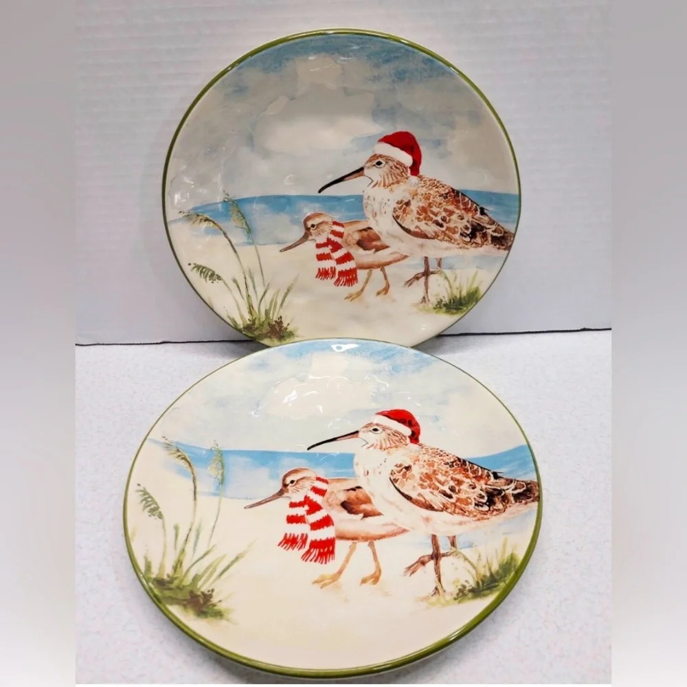 Pier 1 Imports Sandpipers on Beach Hand-Paintd Ceramic Christmas Plates-Set of 2